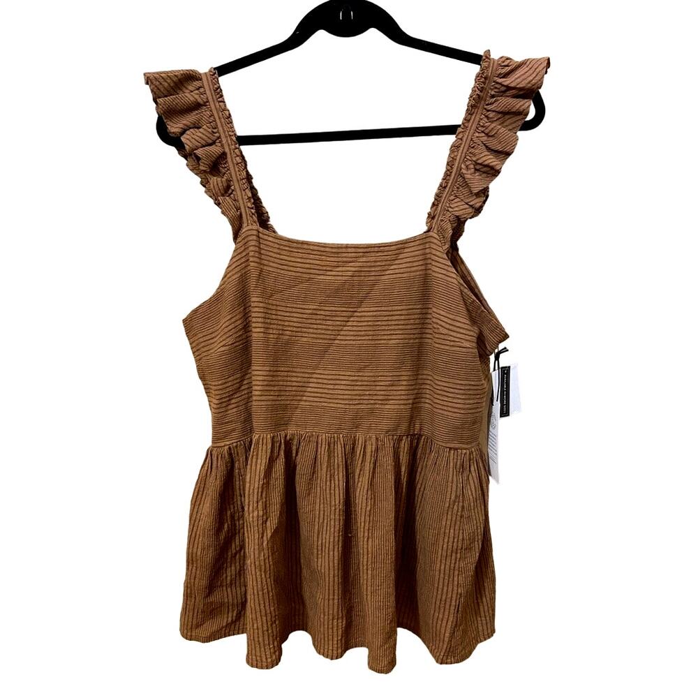 NWT Treasure & Bond Bridgette Striped Sleeveless Ruffle Trim Blouse Tan Womens M